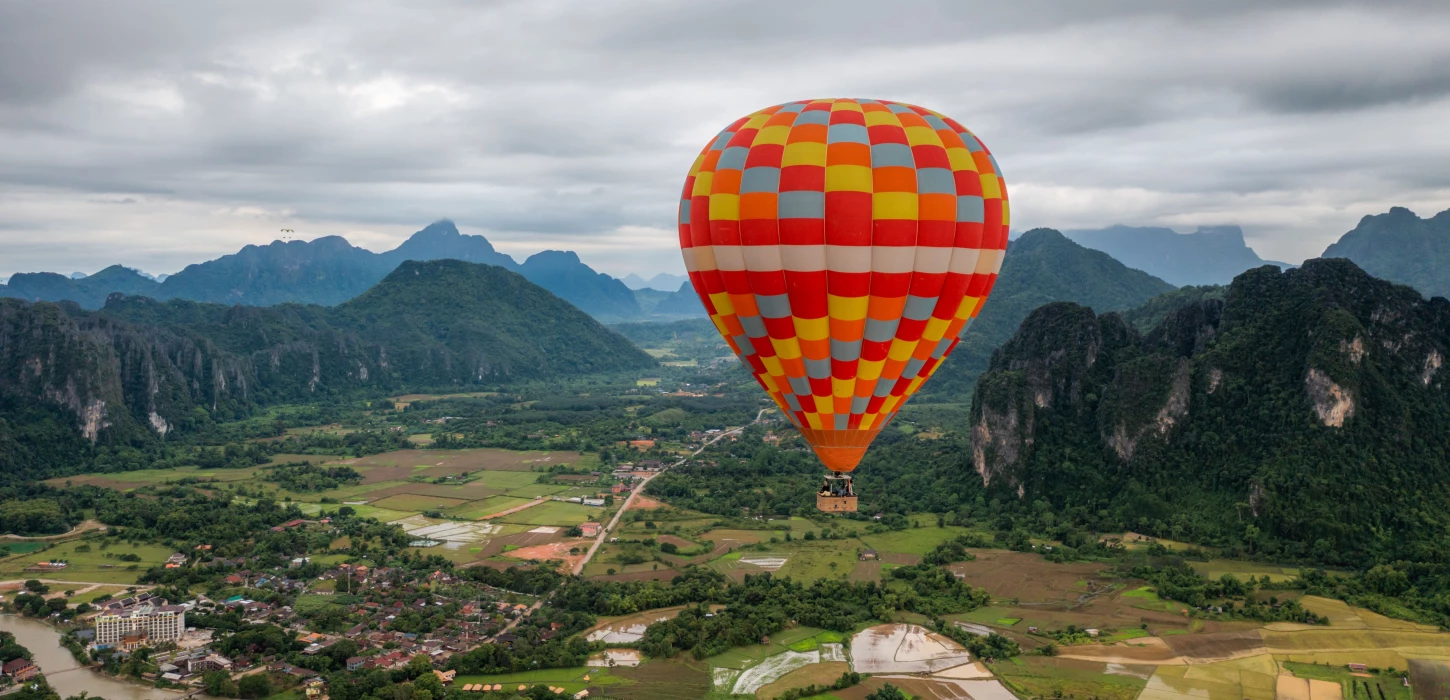 Sunset City View Hot Air Balloon Over Vang Vieng